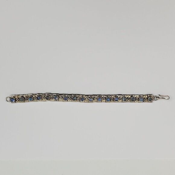 Sterling Silver 925 Opalite Glass Cabochon Panel Bead Link Bracelet Chunky 7.25" - Picture 7 of 15